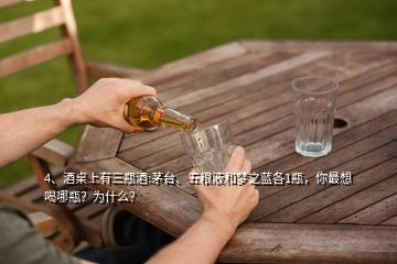 4、酒桌上有三瓶酒:茅臺、五糧液和夢之藍各1瓶，你最想喝哪瓶？為什么？