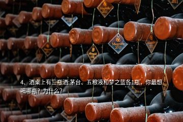 4、酒桌上有三瓶酒:茅臺、五糧液和夢之藍(lán)各1瓶，你最想喝哪瓶？為什么？