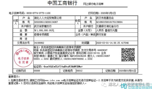 大型專業(yè)酒水運(yùn)營商湖北人人大經(jīng)貿(mào)有限公司再次捐贈(zèng)100萬元人民幣